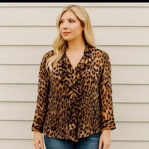 Sunny Leigh Leopard Print Ruffle Sheer Button Down Blouse Top Animal Print Party